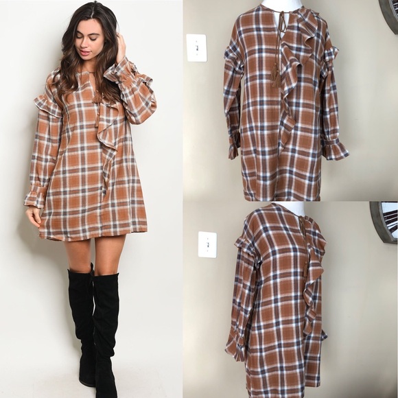 Checkered Long Sleeve Ruffled Tunic Dress - Picture 2 of 8